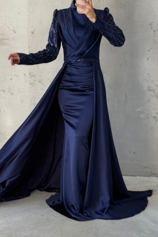 Işıltışı Taş Detaylı Pelerinli Saten Tesettür Abiye Lacivert