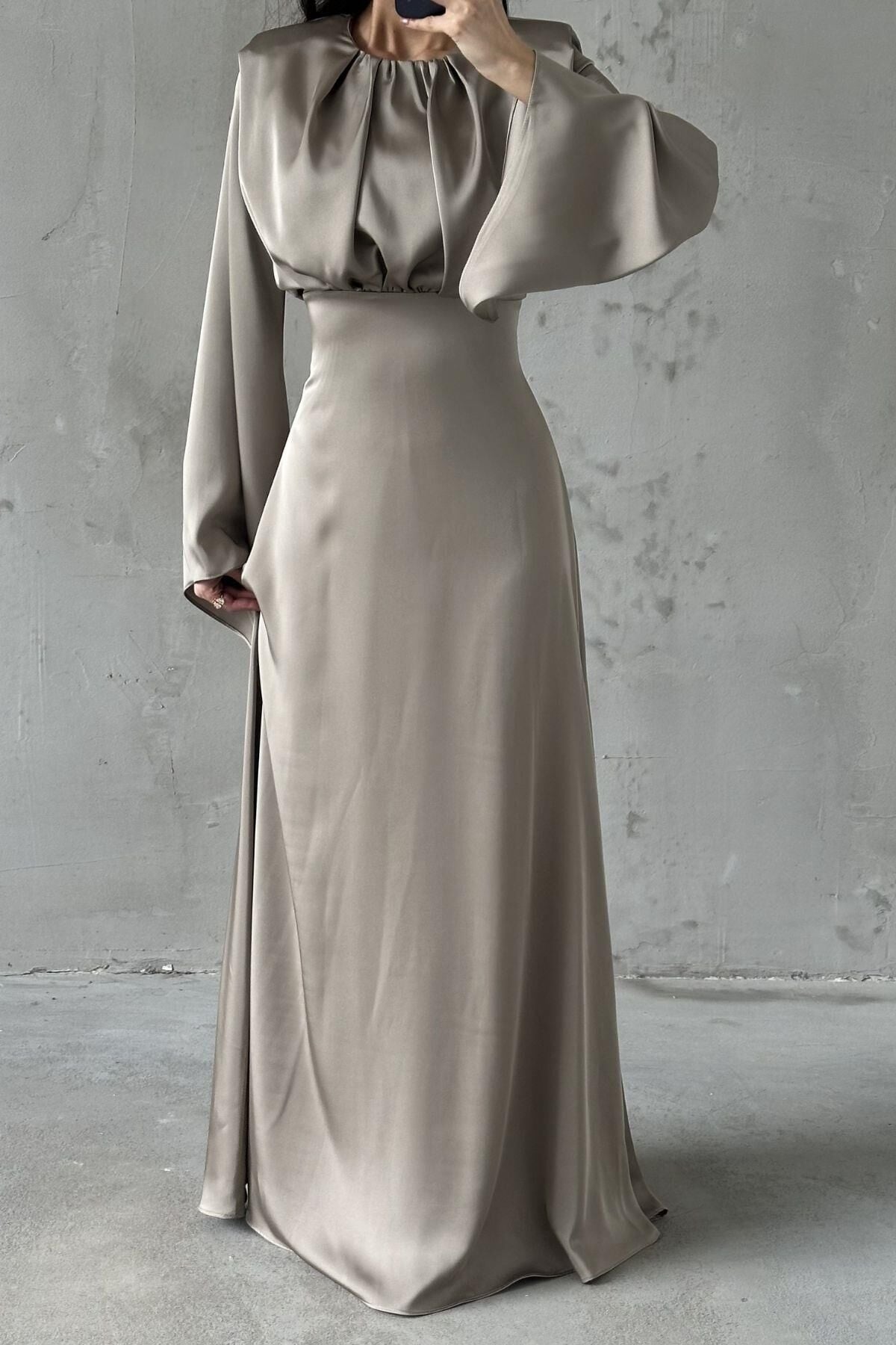 Miralya Satin Hijab Evening Dress, Mink