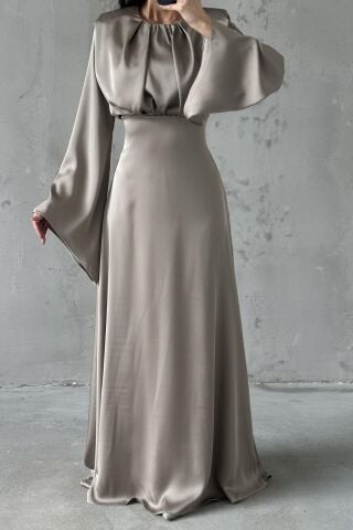 Miralya Satin Hijab Evening Dress, Mink