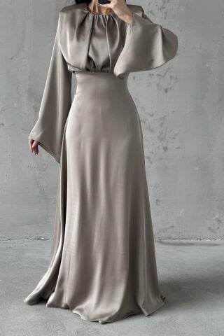 Miralya Satin Hijab Evening Dress, Mink