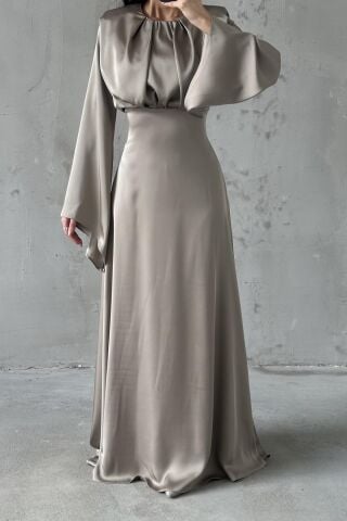 Miralya Satin Hijab Evening Dress, Mink