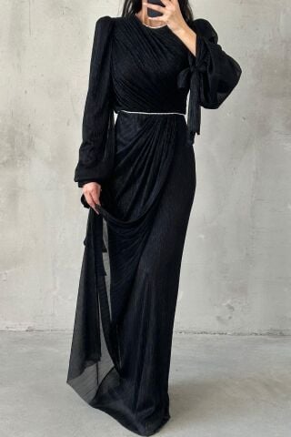 Duvella Janjan Knitted Glitter Hijab Evening Dress Black