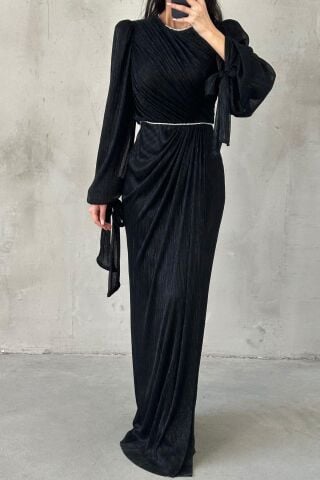 Duvella Janjan Örme Sim Tesettür Abiye Siyah