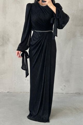 Duvella Janjan Örme Sim Tesettür Abiye Siyah
