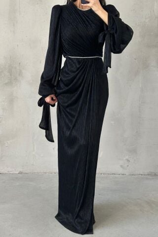 Duvella Janjan Örme Sim Tesettür Abiye Siyah