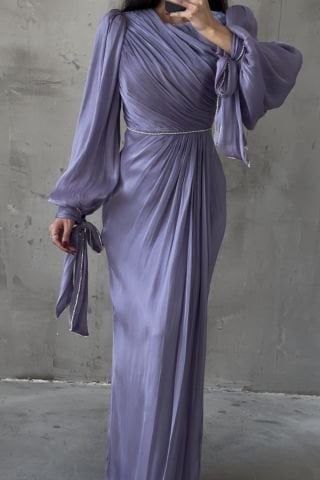 Elegant Hijab Evening Dress Lilac Embellished with Pearls