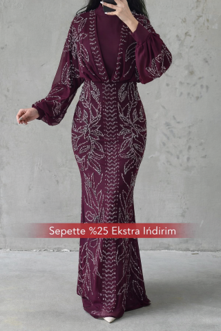 Taş İşlemeli Balon Kol Tesettür Abiye Mor