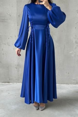 Belden Bağlamalı Balon Kol Saten Tesettür Abiye Saks Mavisi