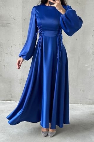 Belden Bağlamalı Balon Kol Saten Tesettür Abiye Saks Mavisi