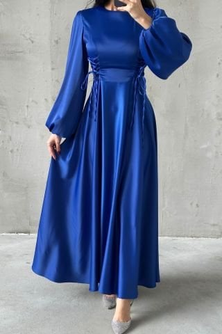 Belden Bağlamalı Balon Kol Saten Tesettür Abiye Saks Mavisi