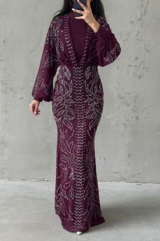 Stone Embroidered Balloon Sleeve Hijab Evening Dress Purple