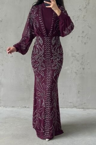 Stone Embroidered Balloon Sleeve Hijab Evening Dress Purple