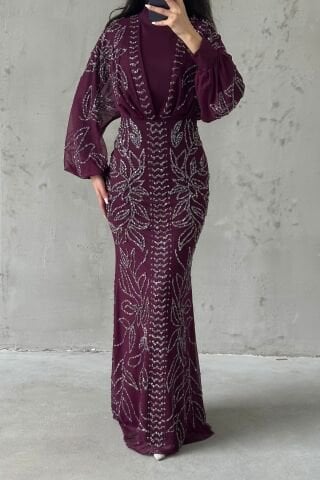 Stone Embroidered Balloon Sleeve Hijab Evening Dress Purple