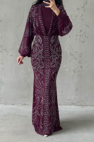 Stone Embroidered Balloon Sleeve Hijab Evening Dress Purple