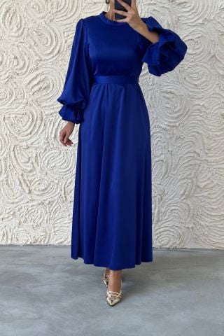 Minimal Şıklık Saten Balon Kol Tesettür Abiye Saks Mavisi