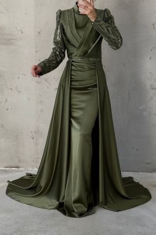 Işıltışı Taş Detaylı Pelerinli Saten Tesettür Abiye Haki