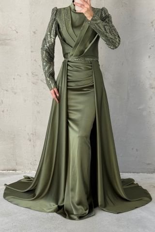 Sparkling Stone Detailed Cape Satin Hijab Evening Dress Khaki