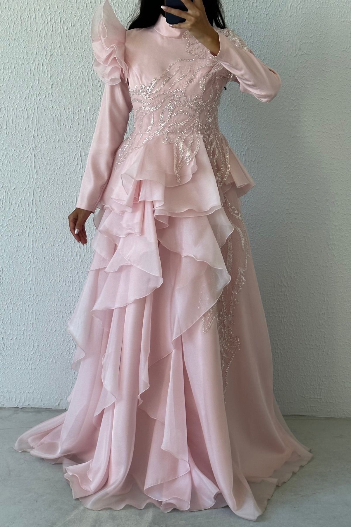 Stylish Stone Detailed Frilly Organza Hijab Evening Dress Powder Pink