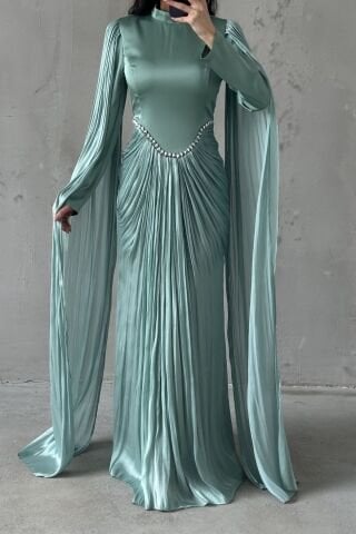 Işıltılı Dokunuş Kol Detaylı Tesettür Abiye Mint Yeşili