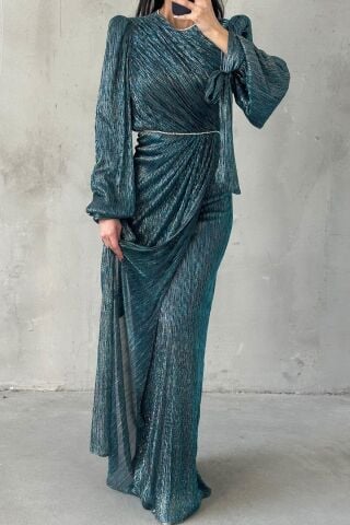 Duvella Janjan Örme Sim Tesettür Abiye Zümrüt Yeşili