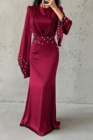 Zerafet Işıltısı Saten Tesettür Abiye Bordo