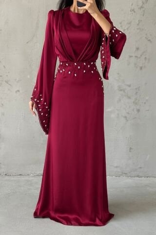 Zerafet Işıltısı Saten Tesettür Abiye Bordo