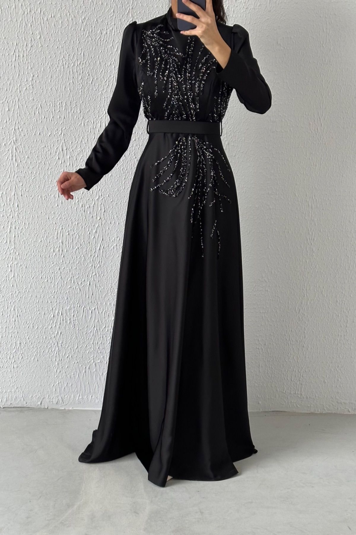 Dazzling Stone Detailed Satin Hijab Evening Dress Black