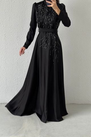 Dazzling Stone Detailed Satin Hijab Evening Dress Black