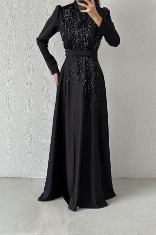 Dazzling Stone Detailed Satin Hijab Evening Dress Black