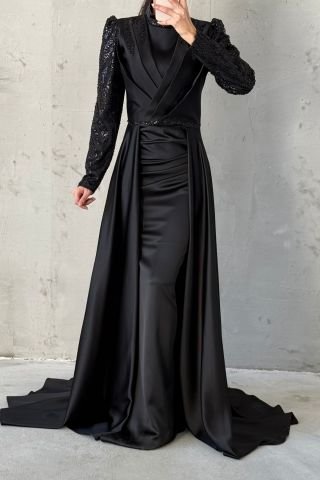 Işıltışı Taş Detaylı Pelerinli Saten Tesettür Abiye Siyah