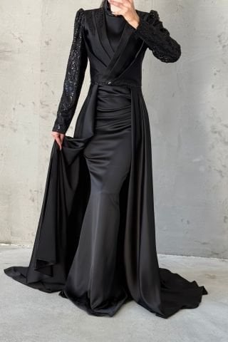 Sparkling Stone Detailed Cape Satin Hijab Evening Dress Black