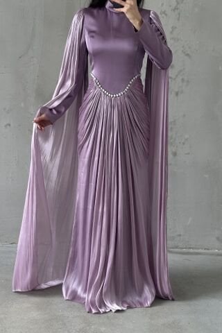 Shimmering Touch Hijab Evening Dress with Sleeve Detail, Rose Pink