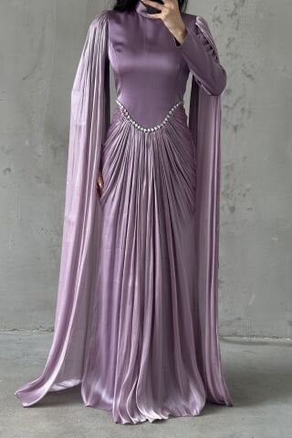 Işıltılı Dokunuş Kol Detaylı Tesettür Abiye Gül Kurusu