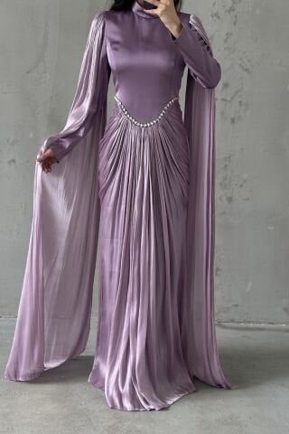 Shimmering Touch Hijab Evening Dress with Sleeve Detail, Rose Pink
