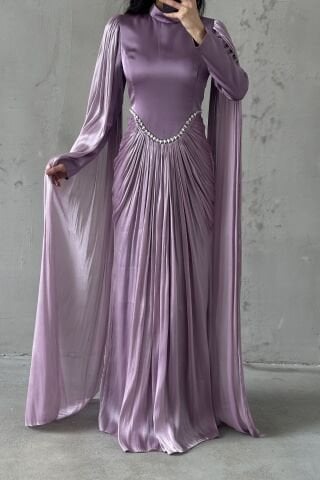 Shimmering Touch Hijab Evening Dress with Sleeve Detail, Rose Pink