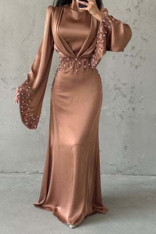 Zerafet Işıltısı Saten Tesettür Abiye Bakır