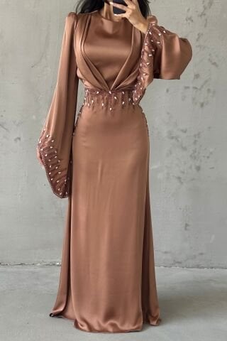 Zerafet Işıltısı Saten Tesettür Abiye Bakır