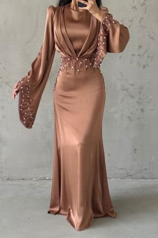 Zerafet Işıltısı Saten Tesettür Abiye Bakır