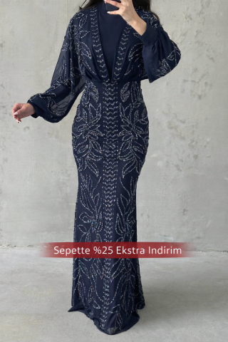 Taş İşlemeli Balon Kol Tesettür Abiye Lacivert