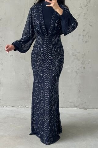 Stone Embroidered Balloon Sleeve Hijab Evening Dress Navy Blue