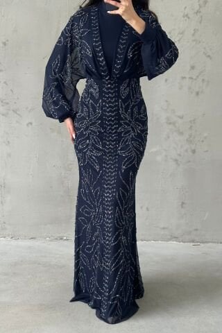 Taş İşlemeli Balon Kol Tesettür Abiye Lacivert