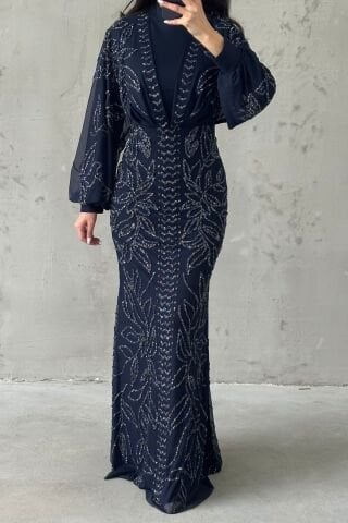 Taş İşlemeli Balon Kol Tesettür Abiye Lacivert