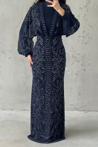 Taş İşlemeli Balon Kol Tesettür Abiye Lacivert