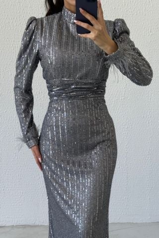 Beli İnce Piliseli Pul Payet Tesettür Abiye Gri