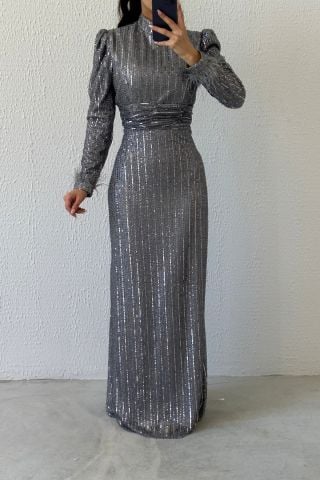 Beli İnce Piliseli Pul Payet Tesettür Abiye Gri