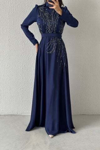 Dazzling Stone Detailed Satin Hijab Evening Dress Navy Blue