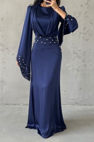 Zerafet Işıltısı Saten Tesettür Abiye Lacivert