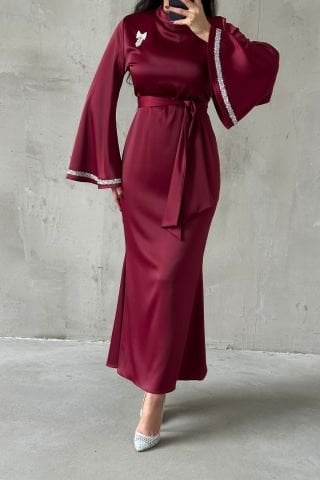 Kol Detaylı Eşsiz Tasarım Saten Tesettür Abiye Bordo