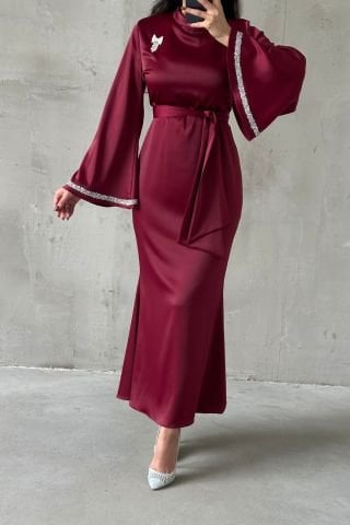 Kol Detaylı Eşsiz Tasarım Saten Tesettür Abiye Bordo
