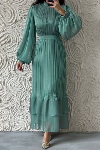 Pliseli Kat Kat Janjan Şifon Tesettür Abiye Su Yeşili